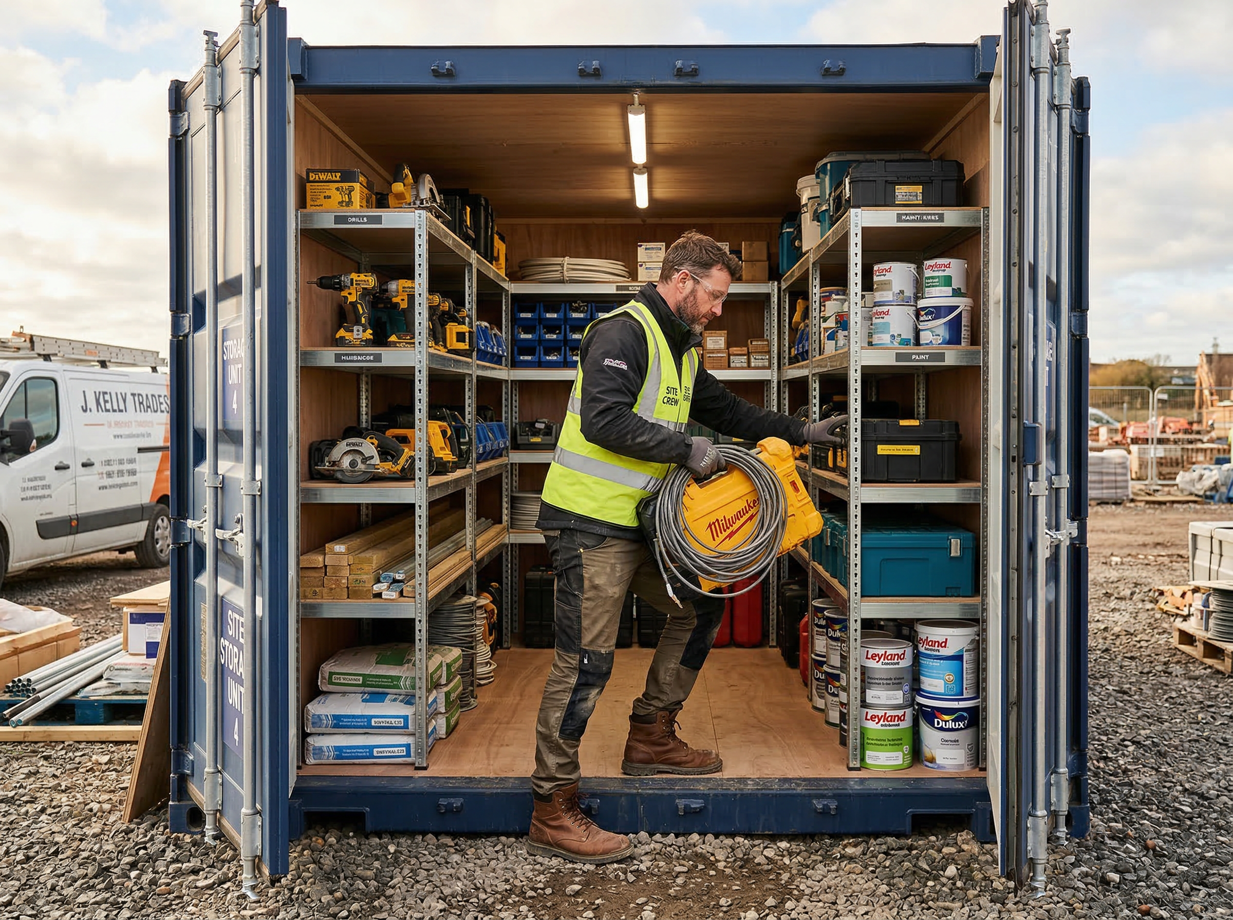 Tradesman accessing tools stored in a container